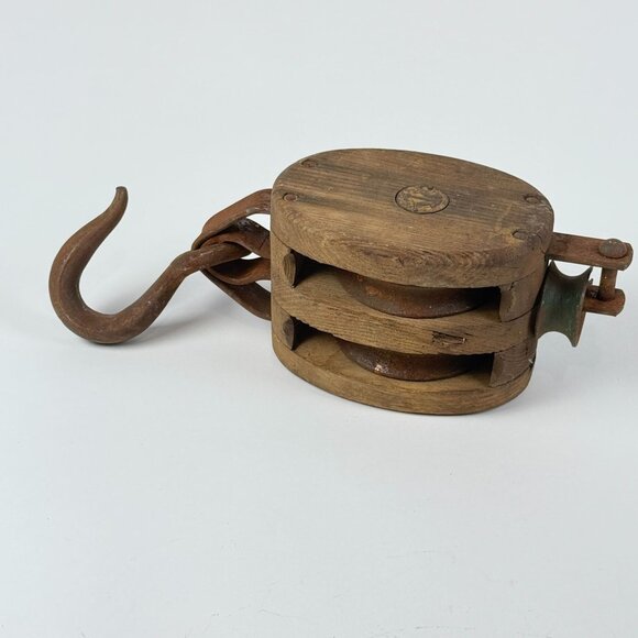 Antique Wooden Double Pulley Block w/ Metal Hook Rustic Farmhouse Barn Decor - Picture 1 of 14